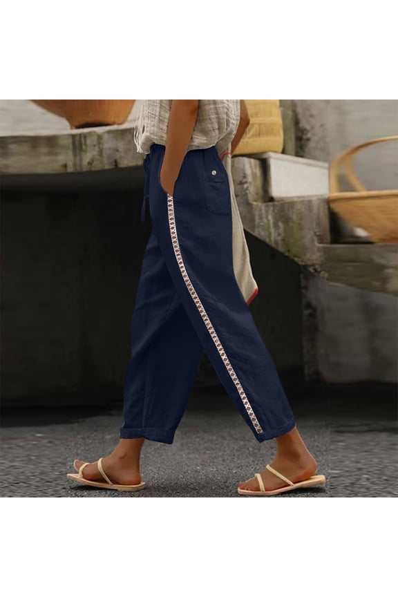 Women Straight Elastic Waist Pants Casual Solid Basic Ankle Trousers with Pockets Travel Work Lounge Streetwear, Navy 2XL