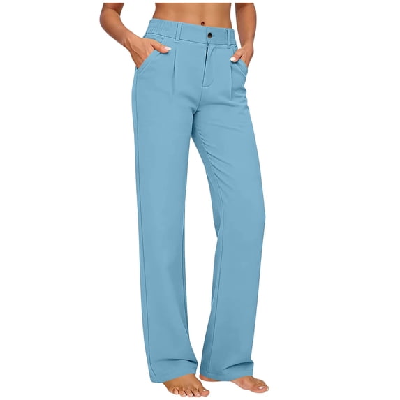 Cagogo Women Straight High Waisted Pants with Pockets Solid Casual Work Travel Loose Long Pants Trousers, Light Blue M