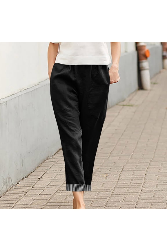 Women Straight Leg Elastic Waist Pants with Pockets Casual Solid Loose Ankle Trousers Workout Lounge Travel Beach Yoga Pants, Black S