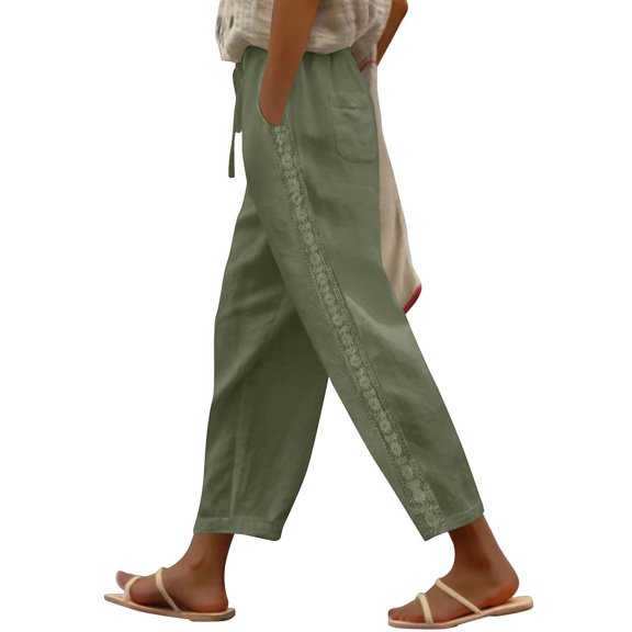 Cagogo Women Straight Leg Elastic Waist Pants with Pockets Solid Casual Vacation Ankle Pants Pants, Khaki M