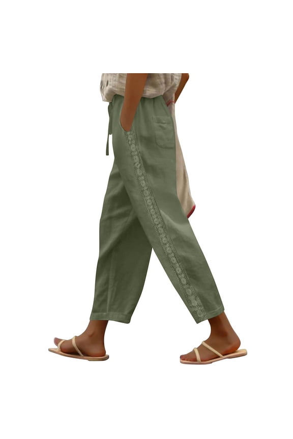 Women Straight Leg Elastic Waist Pants with Pockets Solid Casual Vacation Ankle Pants Pants, Khaki S