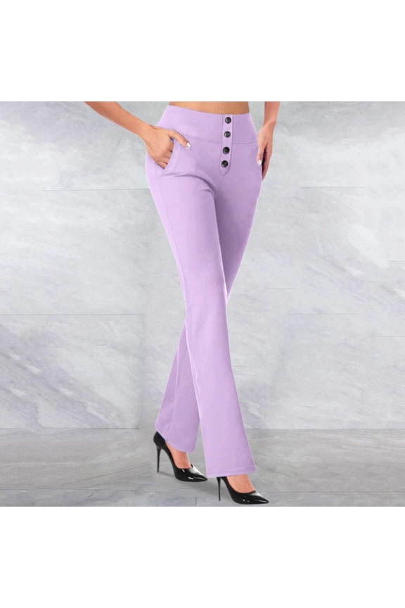 Women Straight Leg High Waisted Trousers with Pockets Button Elegant Office Long Pants Work Casual Slim Fit Business Dress Slacks, Purple S
