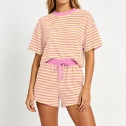 Cagogo Women Striped 2 Piece Shorts Set Casual Summer Lounge Outfits Round Neck Short Sleeve Tshirt Elastic Waisted Shorts Matching Tracksuits Travel Airport Clothes, Orange S