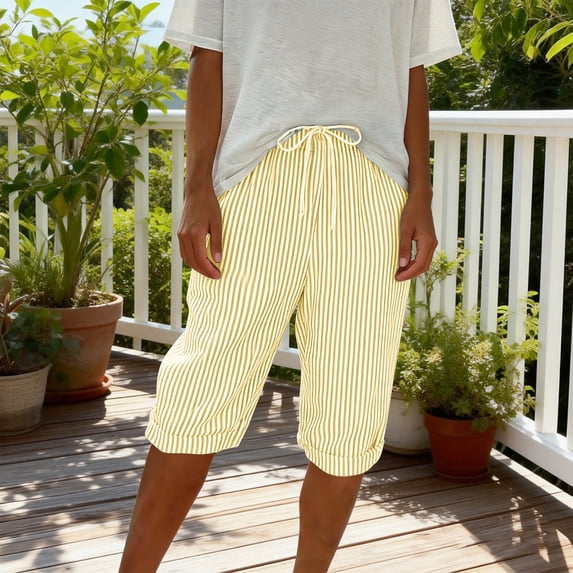 Cagogo Women Striped Capri Pants Summer Casual Loose High Waisted Elastic Waist Cotton Linen Flowy Cropped Trousers Vacation Beach Lounge Pants with Pockets, Yellow M