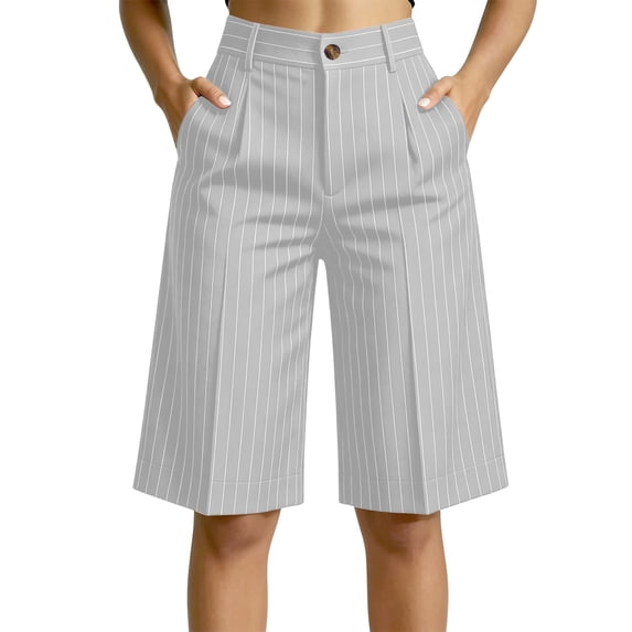 Cagogo Women Striped Wide Leg High Waisted Shorts with Pockets Elegant Office Bermuda Shorts Loose Summer Casual Beach Work Trousers, Gray L