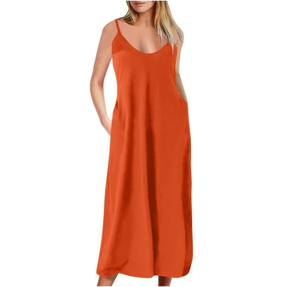 Cagogo Women Summer Flowy Swing Maxi Long Cami Sun Dress Graduation Dresses Under $10 Plus Size Spaghetti Strap V Neck Hide Belly Cocktail Dresses