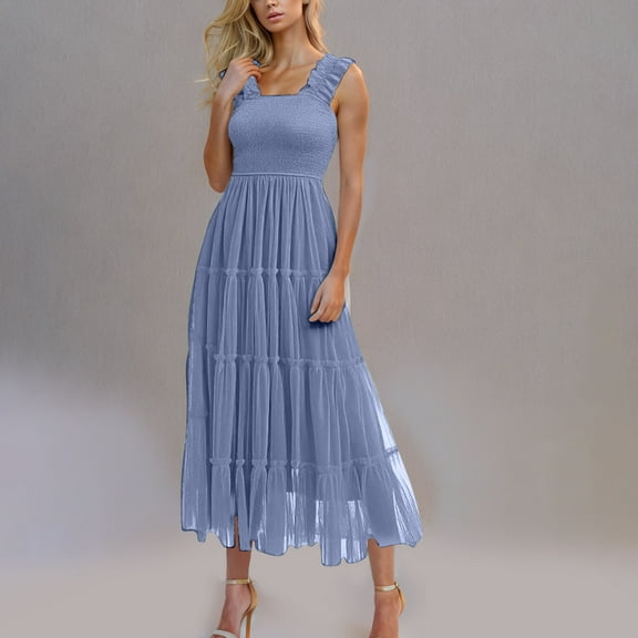 Cagogo Women Summer Midi Tulle Dress Flowy Swing Square Neck Sleeveless Casual Beach Vacation Dress Smocked Ruffle Tiered Loose Fit Church Graduation Dress