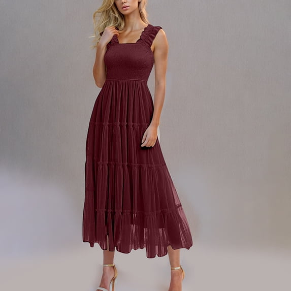 Cagogo Women Summer Midi Tulle Sun Dresses Sleeveless Square Neck Cocktail Wedding Guest Dresses Ruffle Tiered Smocked Flowy Swing Trendy Beach Vacation Dress