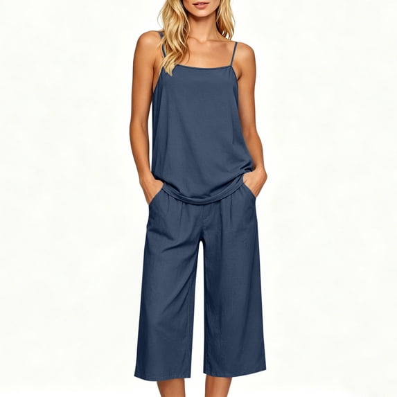 Cagogo Women V Neck Sleeveless Tank Top Wide Leg Pants Two Piece Set Casual Summer Outfits Loose Fit Tops Comfy Pants Matching Lounge Sets Tracksuits Travel Airport Clothes, Navy 2XL