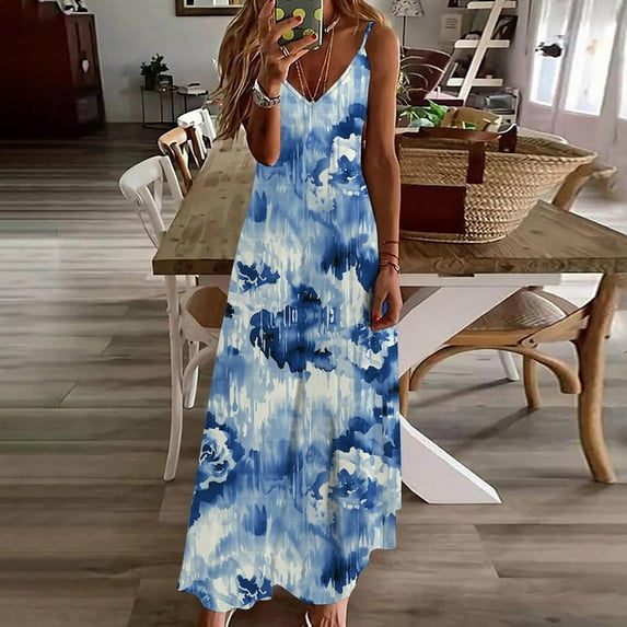 Cagogo Women Wedding Guest Dresses Summer Spring Casual 2025 V Neck Sleeveless Spaghetti Strap Floral Swing Flowy Maxi Long Cami Sun Dresses Cute White Formal Dresses