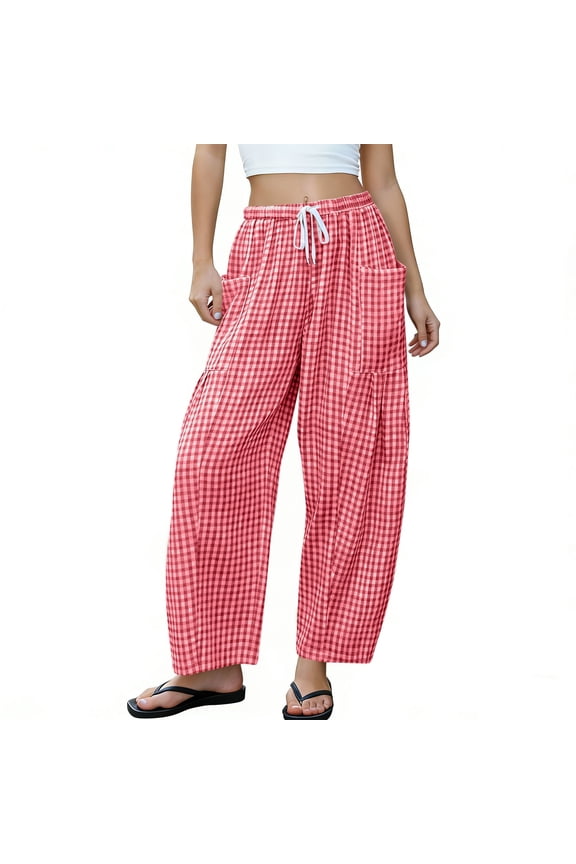 Women Wide Leg Ankle Pants with Pockets Plaid Casual Elastic Waist Beach Vacation Trousers Summer Flowy Lounge Pants Fashion Travel Clothes, Red S