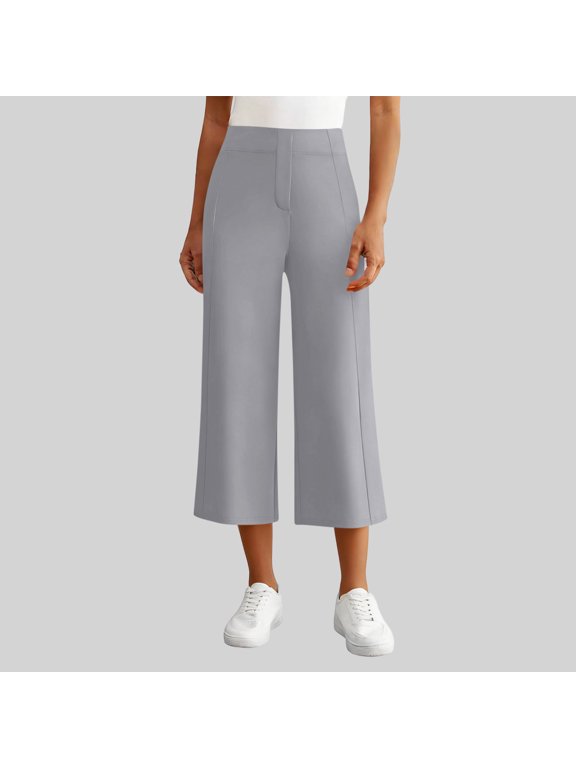 Women Wide Leg Capri Pants High Waisted Flowy Casual Palazzo Trousers Loose Summer Beach Lounge Work Pockets Solid Basics, Gray 2XL