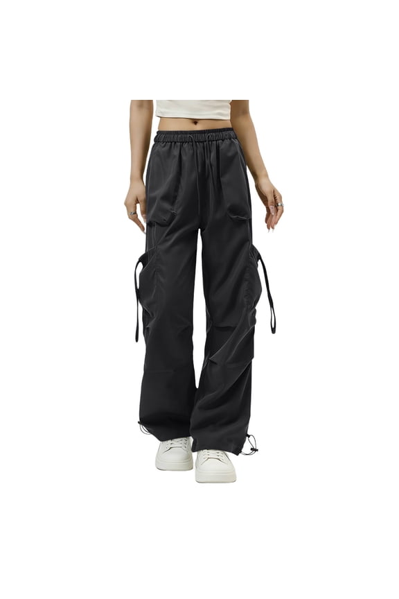 Women Wide Leg Cargo Pants with Pockets Elastic Waist Loose Casual Streetwear Long Trousers for Vacation Travel Outdoor Lounge Wear, Black M