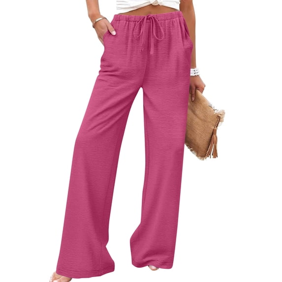 Cagogo Women Wide Leg Elastic Waist Flowy Pants with Pockets Casual Loose Long Trousers Vacation Beach Lounge Travel Summer Clothes, Hot Pink S