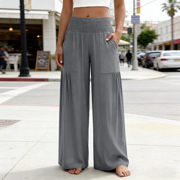 Cagogo Women Wide Leg Elastic Waist Pants Casual Loose Flowy Long Trousers with Pockets for Summer Vacation Beach Lounge Wear, Gray XL