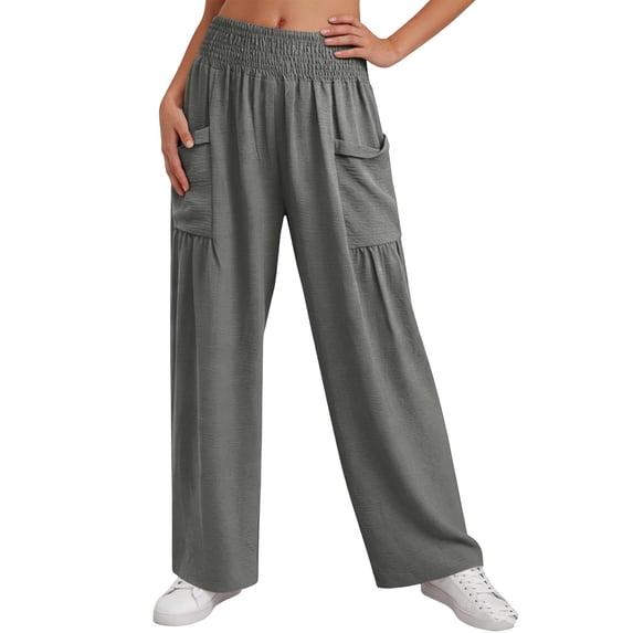 Cagogo Women Wide Leg Elastic Waist Pants with Pockets Casual Loose Long Trousers Flowy Beach Vacation Lounge Work Pants, Gray L