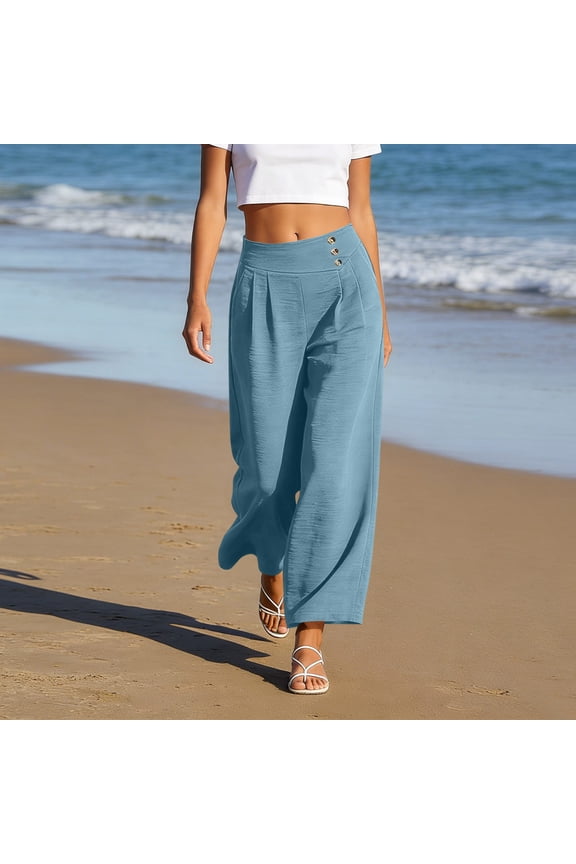 Women Wide Leg High Waisted Flowy Pants Summer Casual Loose Long Palazzo Trousers for Beach Lounge Travel Fashion Clothes, Light Blue S