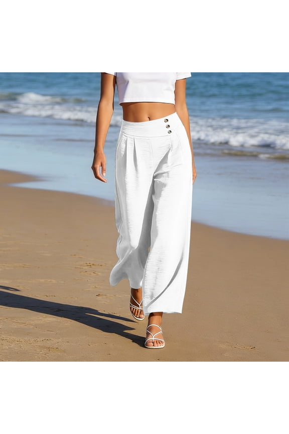 Women Wide Leg High Waisted Flowy Pants Summer Casual Loose Long Palazzo Trousers for Beach Lounge Travel Fashion Clothes, White L