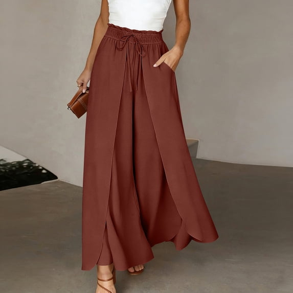 Cagogo Women Wide Leg High Waisted Flowy Pants with Pockets Solid Casual Boho Vacation Long Pants Skirt, Wine S