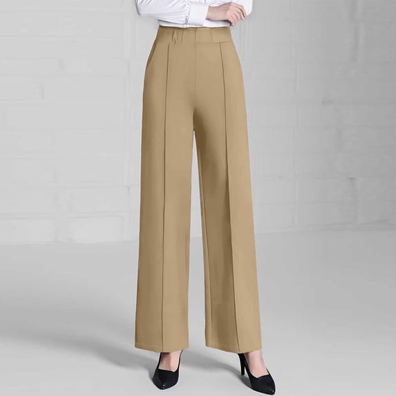 Cagogo Women Wide Leg High Waisted Pants with Pockets Solid Elegant Office Long Trousers Flowy Casual Work Lounge Beachwear, Khaki 2XL