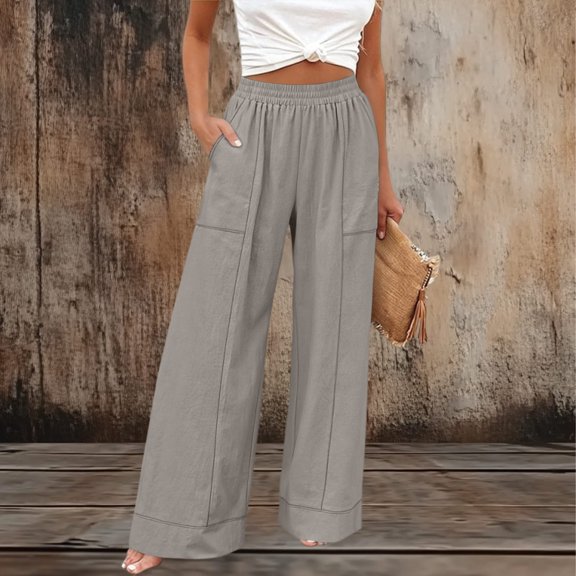 Cagogo Women Wide Leg Pants Cotton Linen Elastic Waist Casual Loose Long Trousers with Pockets Travel Lounge Solid Beach Clothes, Gray 2XL