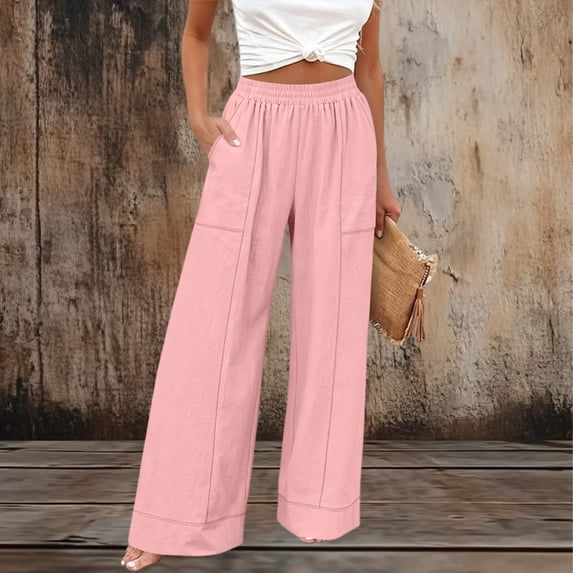 Cagogo Women Wide Leg Pants Cotton Linen Elastic Waist Casual Loose Long Trousers with Pockets Travel Lounge Solid Beach Clothes, Pink XL