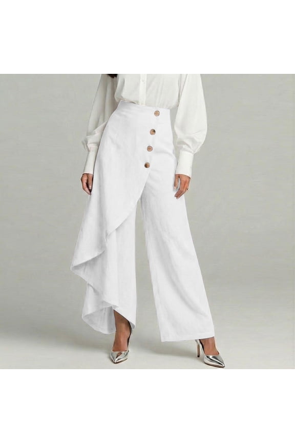 Women Wide Leg Pants High Waisted Cotton Linen Flowy Boho Trousers Plus Size Casual Long Palazzo Pants for Office Beach Vacation Summer Loose, White L