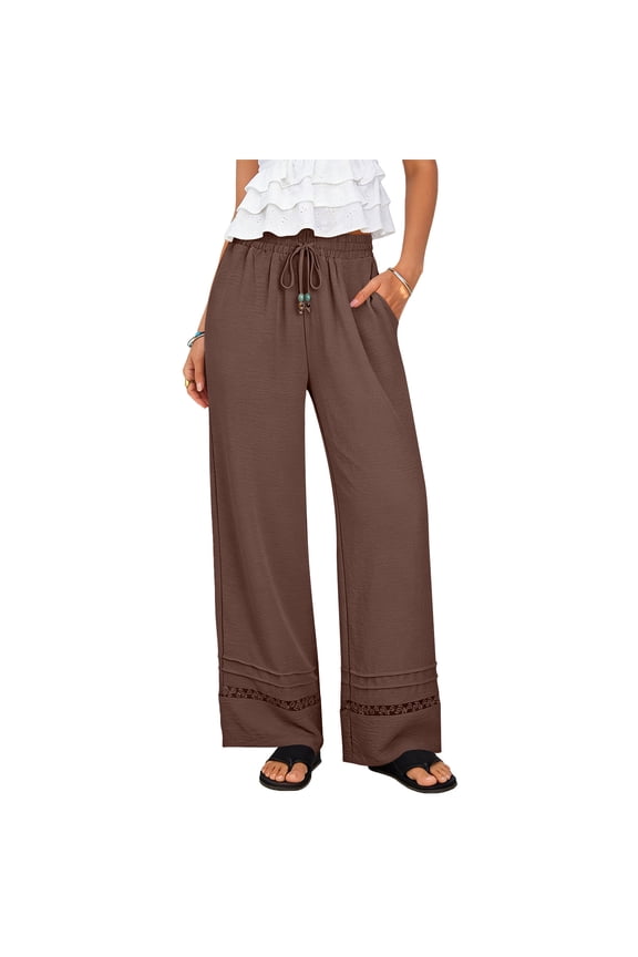 Women Wide Leg Pants with Pockets Elastic Waist Casual Boho Lounge Trousers Solid High Waisted Long Flowy Beach Wear Travel Yoga Clothes, Coffee L