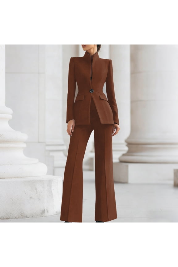 Women's 2 Piece Blazer Set High Neck Long Sleeve Wide Leg Pants Elegant Business Work Outfits Slim Matching Office Attire Suit, Brown 2XL