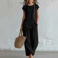 thumbnail image 1 of Cagogo Women's 2 Piece Casual Sets Round Neck Short Sleeve Tshirt Wide Leg Pants Loose Summer Vacation Outfits Solid Boho Lounge Tracksuits Travel Airport Clothes, Black 2XL, 1 of 6