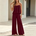 thumbnail image 1 of Cagogo Women's 2 Piece Casual Sets V Neck Sleeveless Tank Top Wide Leg Pants Solid Boho Vacation Outfit Loose Summer Travel Clothes Matching Lounge Sets Tracksuits, Wine L, 1 of 6