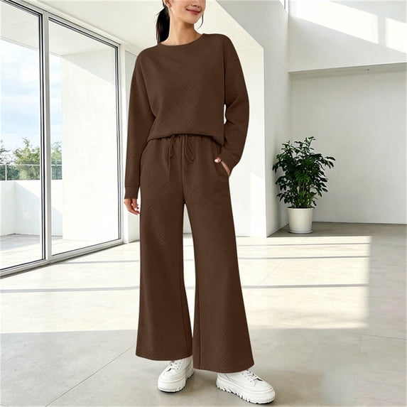 Cagogo Women's 2 Piece Long Sleeve Set Casual Round Neck Pullover Tops Wide Leg Drawstring Pants Solid Lounge Outfits Matching Tracksuits Travel Airport Clothes, Coffee M