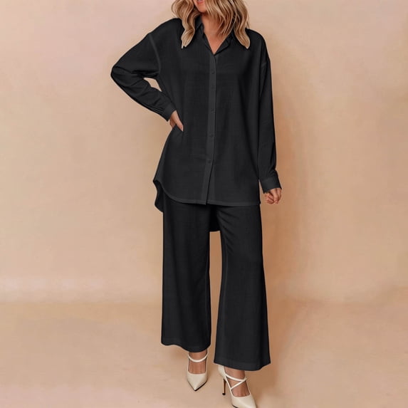 Cagogo Women's 2 Piece Long Sleeve Shirt Wide Leg Pants Set Casual Lounge Outfits Solid Collared Top Matching Lounge Set Airport Travel Clothes, Black M