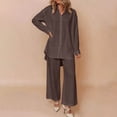 thumbnail image 1 of Cagogo Women's 2 Piece Long Sleeve Shirt Wide Leg Pants Set Casual Lounge Outfits Solid Collared Top Matching Lounge Set Airport Travel Clothes, Coffee XL, 1 of 6