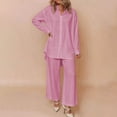 thumbnail image 1 of Cagogo Women's 2 Piece Long Sleeve Shirt Wide Leg Pants Set Casual Lounge Outfits Solid Collared Top Matching Lounge Set Airport Travel Clothes, Pink XL, 1 of 6