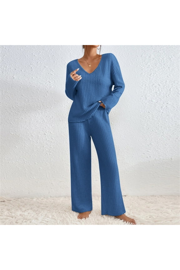 Women's 2 Piece Lounge Sets V Neck Long Sleeve Top Wide Leg Pants Casual Solid Suit Loose Matching Outfits for Travel Airport Comfy Clothes, Blue M