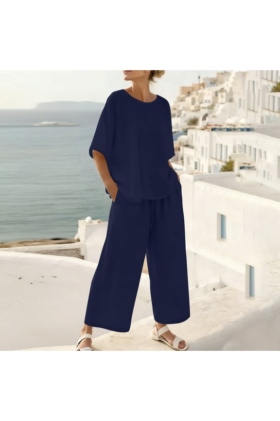 Women's 2 Piece Outfit Set Casual Round Neck Short Sleeve Tshirt Wide Leg Pants Matching Lounge Sets Tracksuits Loungewear Travel Airport Outfit Clothes, Navy S
