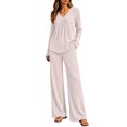 thumbnail image 1 of Cagogo Women's 2 Piece Outfit V Neck Long Sleeve Pullover Tops Wide Leg Pants Casual Set Solid Basic Lounge Sets Matching Tracksuits Travel Airport Clothes, Beige XL, 1 of 9