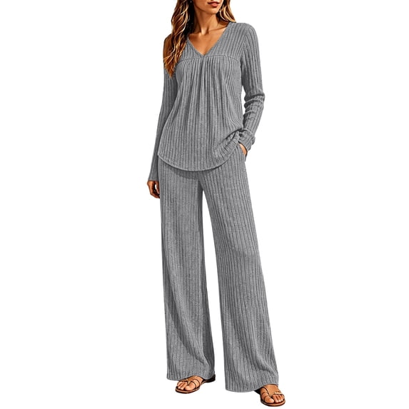 Cagogo Women's 2 Piece Outfit V Neck Long Sleeve Pullover Tops Wide Leg Pants Casual Set Solid Basic Lounge Sets Matching Tracksuits Travel Airport Clothes, Gray S