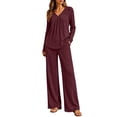 thumbnail image 1 of Cagogo Women's 2 Piece Outfit V Neck Long Sleeve Pullover Tops Wide Leg Pants Casual Set Solid Basic Lounge Sets Matching Tracksuits Travel Airport Clothes, Wine L, 1 of 8