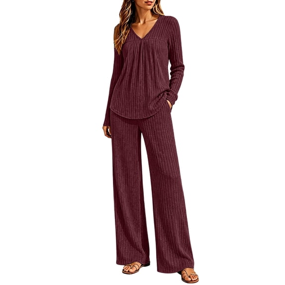Cagogo Women's 2 Piece Outfit V Neck Long Sleeve Pullover Tops Wide Leg Pants Casual Set Solid Basic Lounge Sets Matching Tracksuits Travel Airport Clothes, Wine L