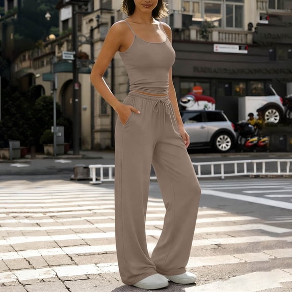 Cagogo Women's 2 Piece Outfits Scoop Neck Sleeveless Crop Top Wide Leg Pants Set Casual Summer Matching Lounge Sets Tracksuits Loungewear Travel Airport Clothes, Khaki L