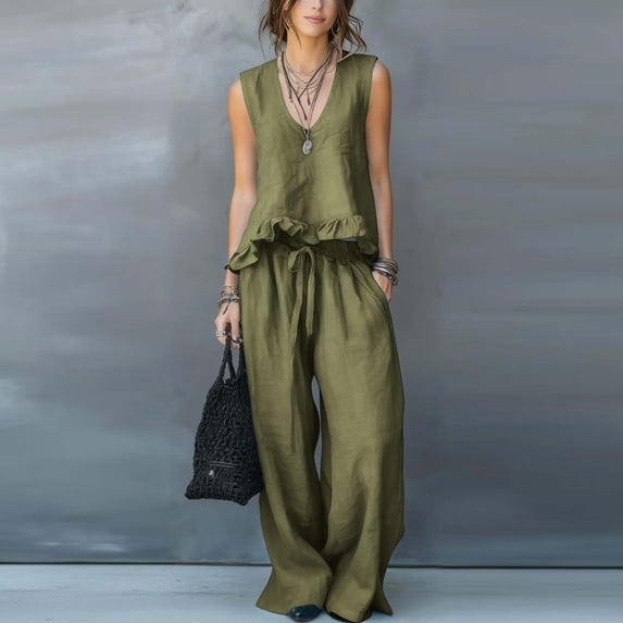 Cagogo Women's 2 Piece Outfits Sleeveless Tank Top Wide Leg Pants Set Casual Boho Beach Summer Loose V Neck Tops Flowy Pants Lounge Travel Matching Tracksuits, Army Green L