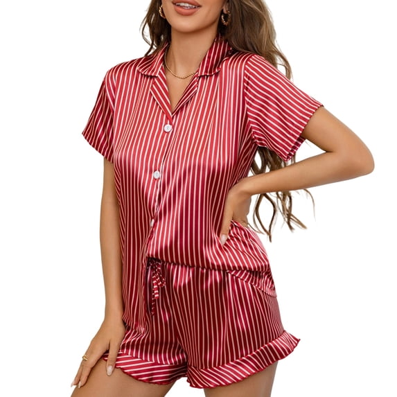 Cagogo Women's 2 Piece Pajama Set Short Sleeve Top and Shorts Striped Casual Loungewear Collared Shirt Matching Lounge Sets Sleepwear for Women, Red XL