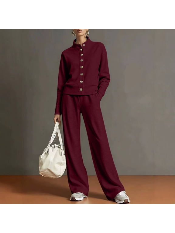 Women's 2 Piece Pants Set Casual Open Front Cardigan Jacket Wide Leg Pants Outfits Loose Comfy Matching Lounge Sets Tracksuits Loungewear Travel Airport Clothes, Wine S
