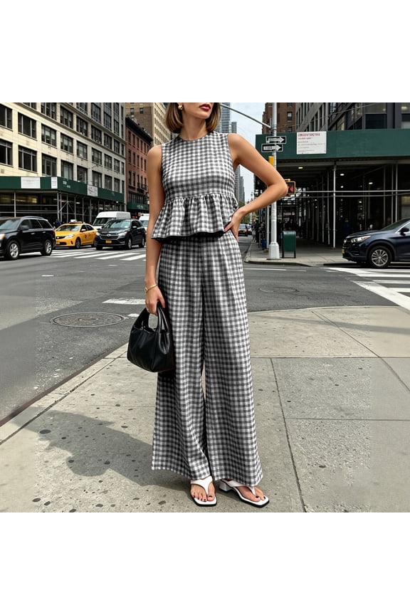 Women's 2 Piece Plaid Set Boho Casual Round Neck Sleeveless Peplum Top Wide Leg Pants Matching Lounge Outfits Summer Travel Clothes, Black M
