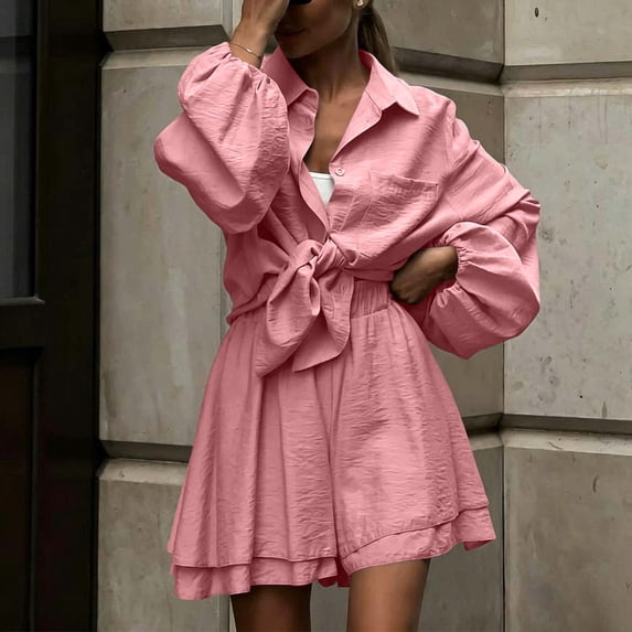 Cagogo Women's 2 Piece Puff Sleeve Shirt Set Elastic Waisted Shorts Casual Solid Basic Matching Lounge Outfits Summer Cruise Travel Clothes, Pink M