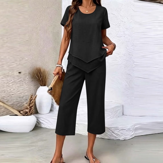 Cagogo Women's 2 Piece Set Summer Outfits Loose Short Sleeve Crew Neck Tops Wide Leg Crop Pants Matching Lounge Sets Tracksuits Travel Airport Clothes, Black L