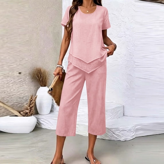 Cagogo Women's 2 Piece Set Summer Outfits Loose Short Sleeve Crew Neck Tops Wide Leg Crop Pants Matching Lounge Sets Tracksuits Travel Airport Clothes, Pink S