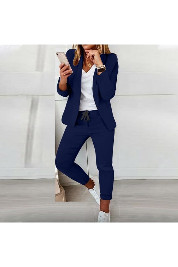 Women's 2 Piece Set V Neck Long Sleeve Blazer Drawstring Pants Matching Casual Solid Basic Travel Outfits Lounge Wear Airport Clothes, Navy S